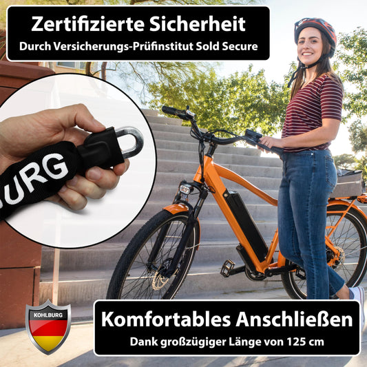 KOHLBURG Security Chain Lock - Lock 125cm long with 8.3mm thick 4-sided chain made of hardened special steel - secure bike lock with 4 keys for e-bikes, bicycles & motorcycles.