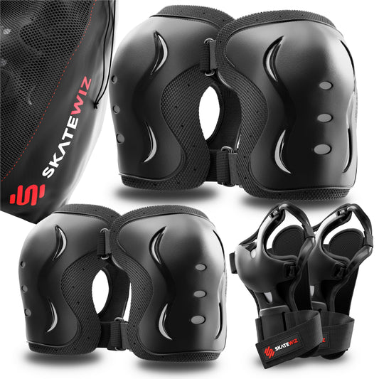 SKATEWIZ Kids Inline Skate Knee Pads - Knee and Elbow Guards - Protectors Set - Skateboard, Roller Skates, BMX, Scooter - IMPACT Size XS Black