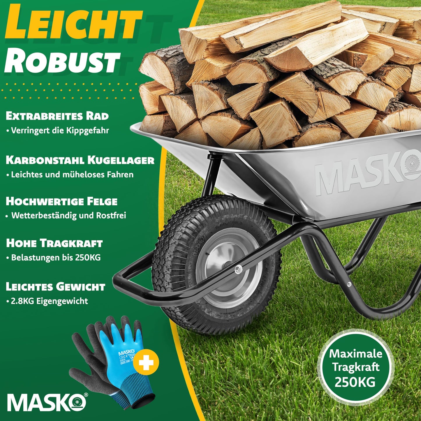 MASKO® wheelbarrow wheel pneumatic tire 250kg replacement wheel air-filled wheelbarrow garden cart 40cm/15.6" extra-wide 9.5cm air wheel puncture-proof tire with steel rim & gloves carbon steel ball bearing