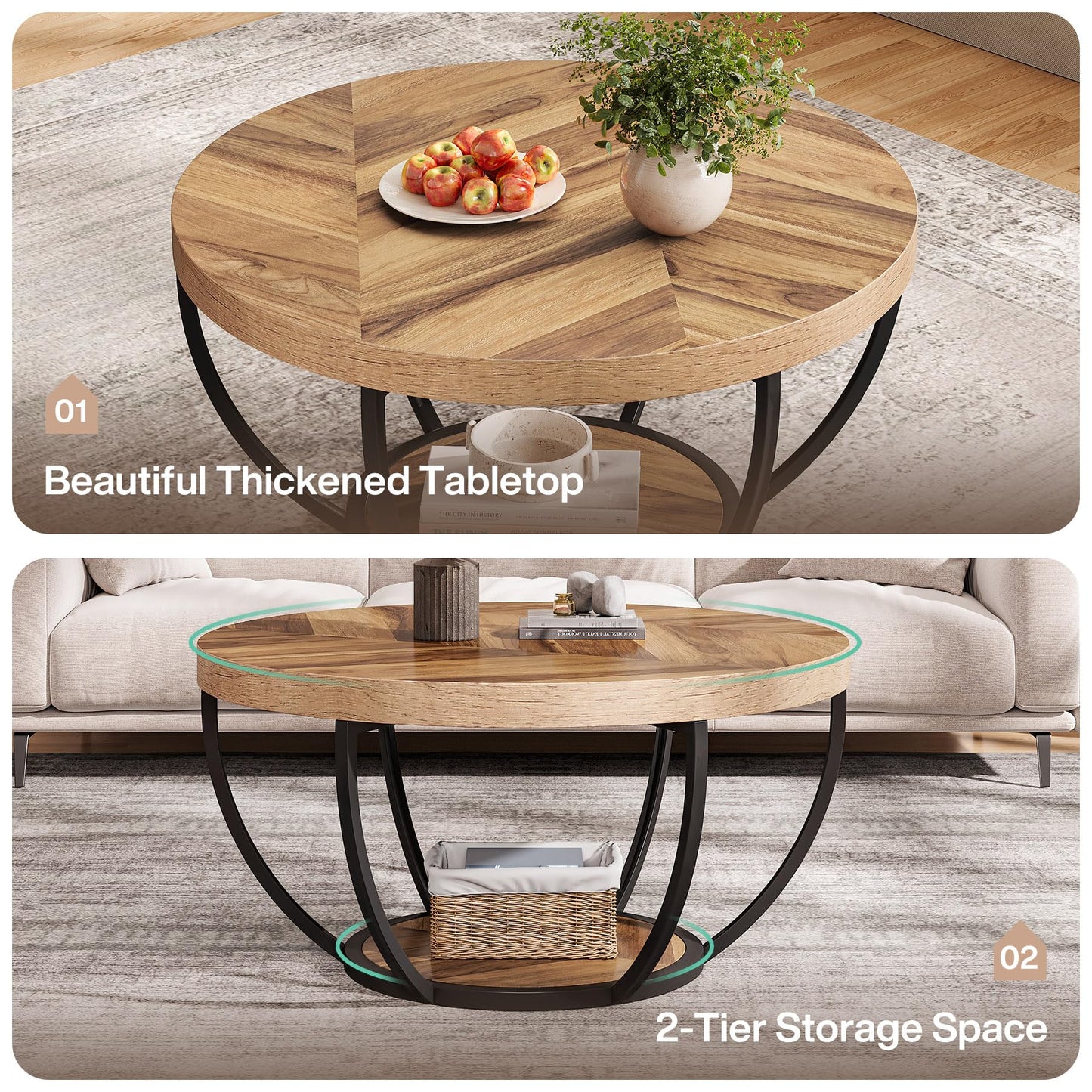 Tribesigns Round Coffee Table, Industrial 2-Tier Circle Coffee Table with Storage Shelves, Modern Wood Accent Center Table Sofa Side Table for Living Room, Home Office