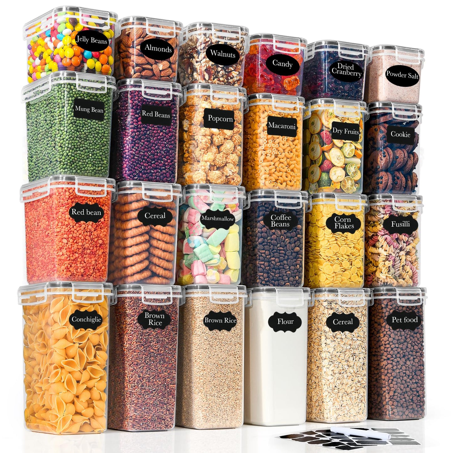 GoMaihe 24 Piece Set Storage Jars with Lid Airtight: Containers with Labels & Marker | Kitchen Storage Box for Cereal, Flour, Cornflakes, and Sugar | BPA-FREE | Dishwasher Safe
