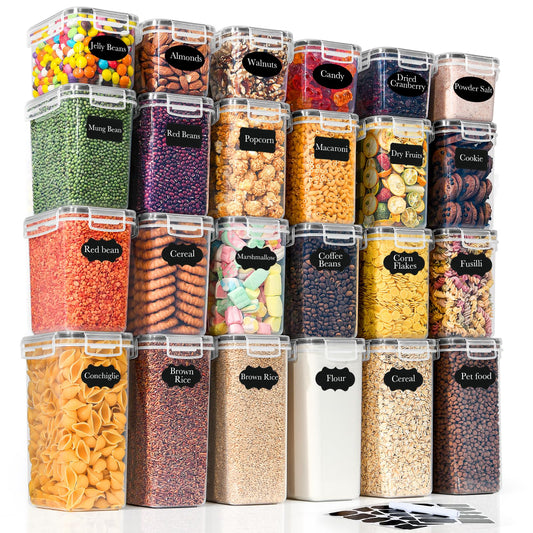 GoMaihe 24 Piece Set Storage Jars with Lid Airtight: Containers with Labels & Marker | Kitchen Storage Box for Cereal, Flour, Cornflakes, and Sugar | BPA-FREE | Dishwasher Safe