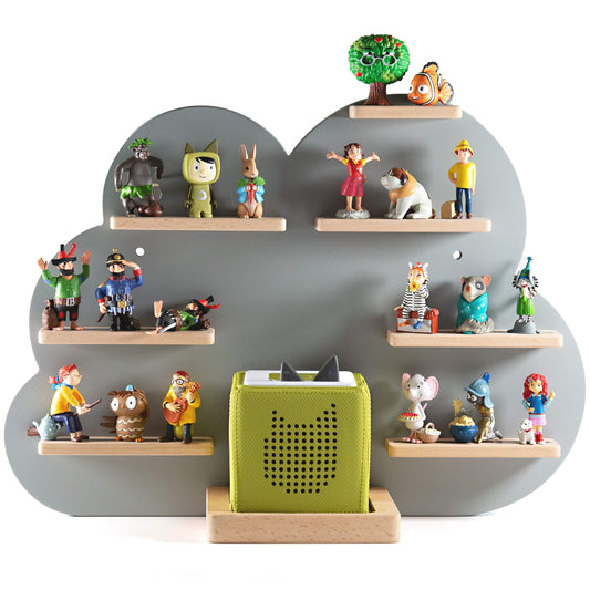 NOR28 shelf compatible for up to 33 Toniebox figures - cloud design 40x55x19cm for boys and girls| Kids room, magnetic, easily attachable.