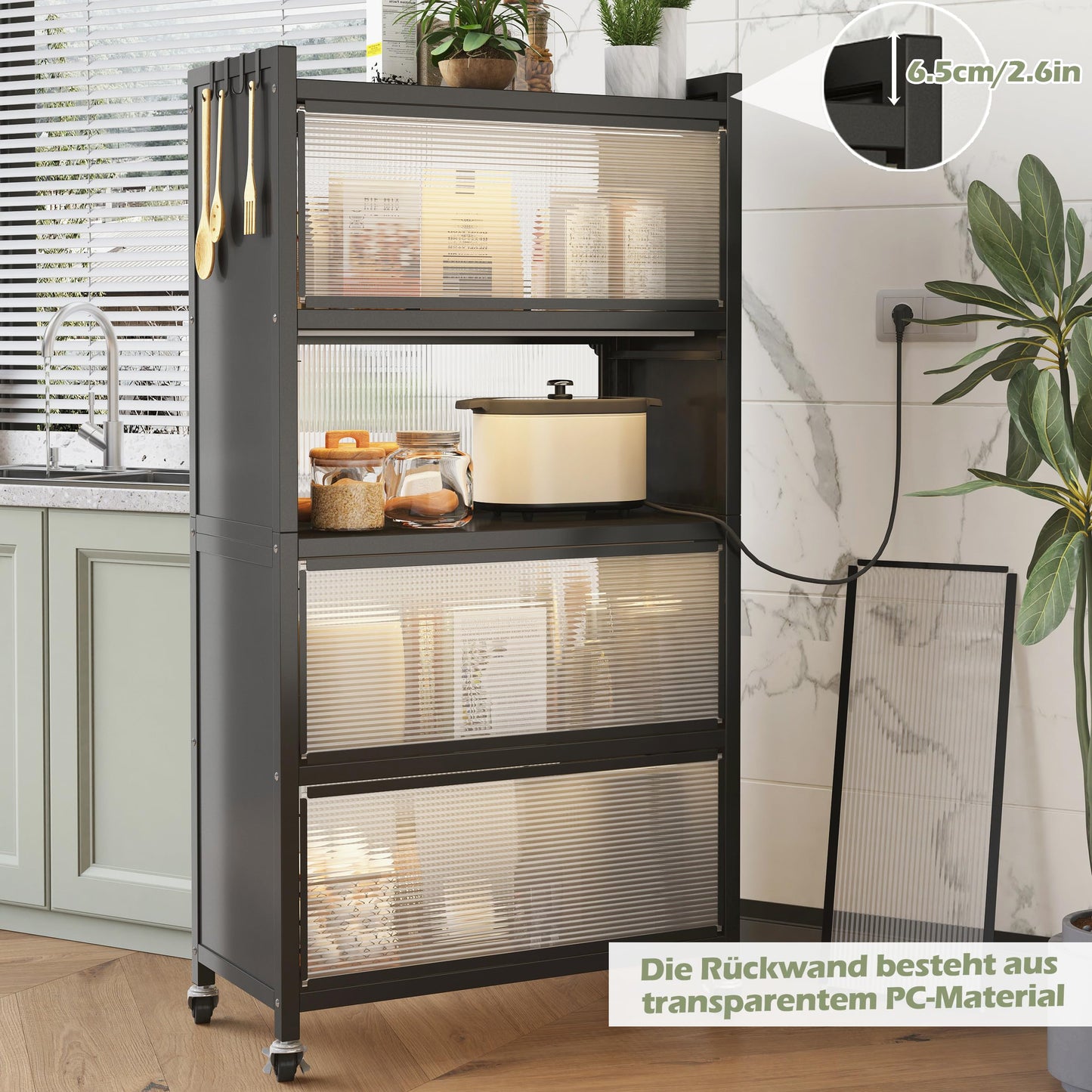 COVAODQ Bakers Rack Kitchen, 5-Tier Stainless Steel Kitchen Shelf, Bakers Rack with Hooks, Kitchen Stand Organizer for Wine, Dishes, Pots with Visible Cover Door (70CM Black), White