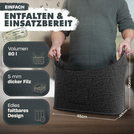 Xcelenze - XXL wooden basket for fireplace logs with wooden handle felt basket extra thick felt fireplace log basket felt bag foldable also as shopping basket car & storage basket for wood newspaper (dark gray)