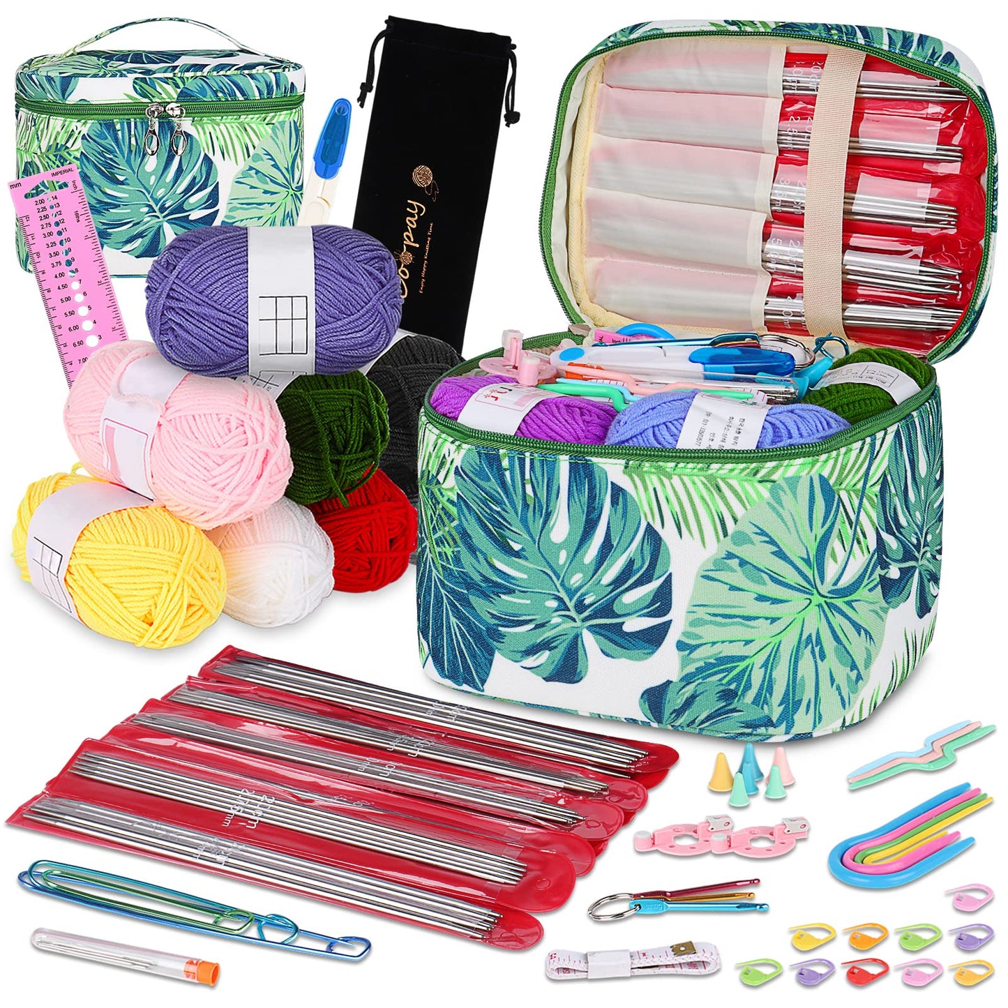 Coopay Knitting Needle Set - 55 Pieces Stainless Steel Double Pointed with Yarn, Knitting Accessories, and Bag, 20 cm Needle Set 2.0-6.5 mm for Socks, Abundant Gift