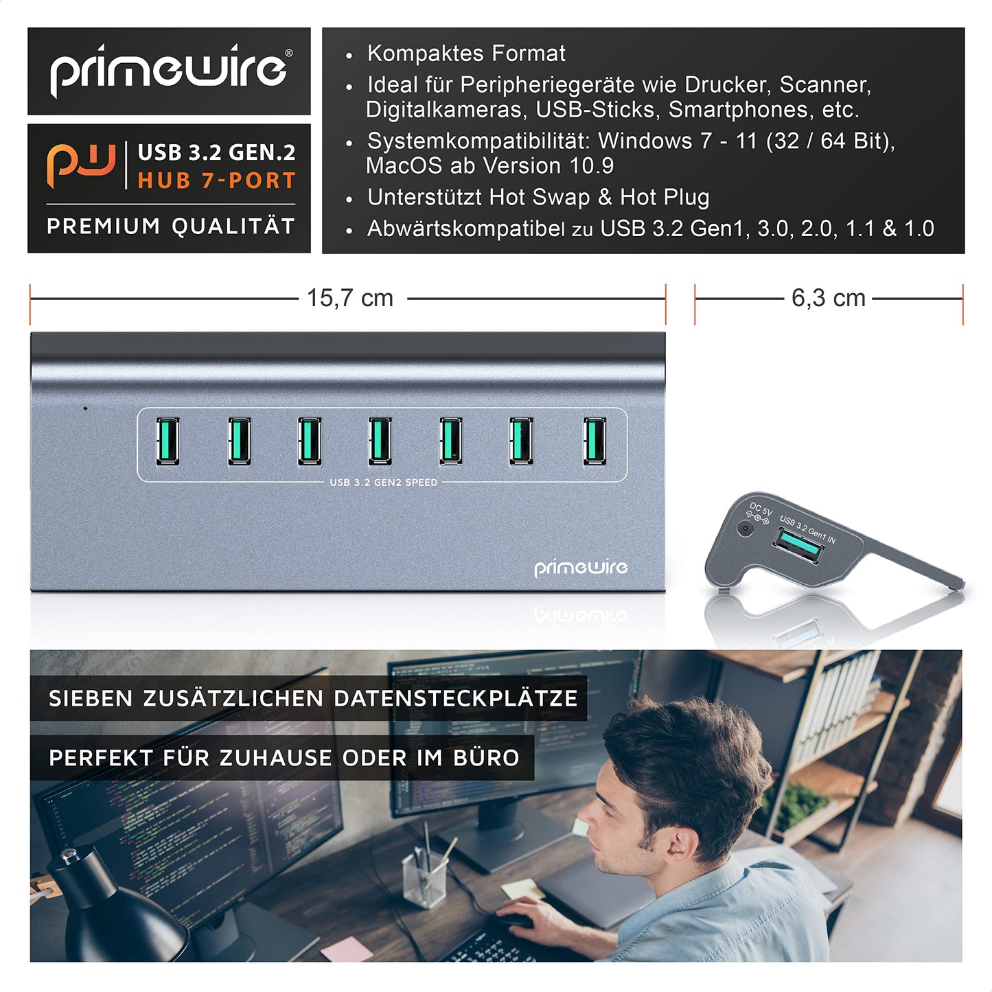 CSL - USB 3.2 Gen2 Hub - 7 Port Distributor active - 10 Gbit/s - Active operation - with power supply - Anthracite metal casing - for PC notebook laptop tablet - for Windows and MacOS