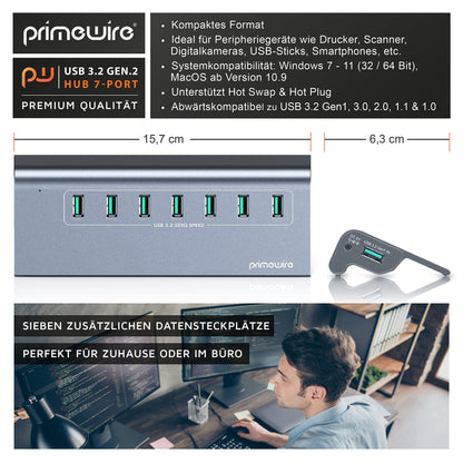 CSL - USB 3.2 Gen2 Hub - 7 Port Distributor active - 10 Gbit/s - Active operation - with power supply - Anthracite metal casing - for PC notebook laptop tablet - for Windows and MacOS