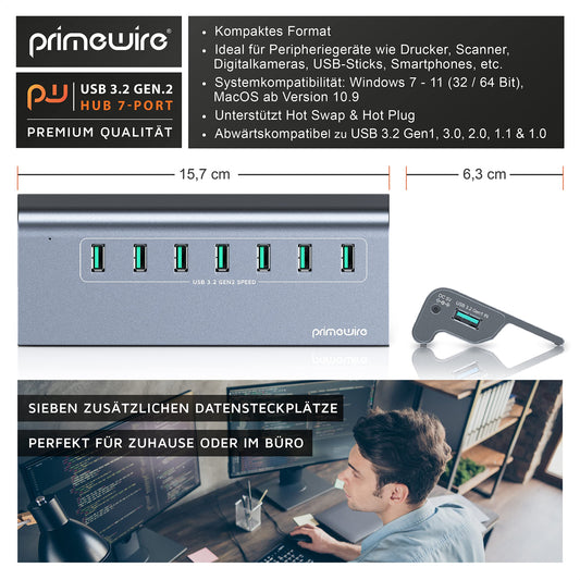 CSL - USB 3.2 Gen2 Hub - 7 Port Distributor active - 10 Gbit/s - Active operation - with power supply - Anthracite metal casing - for PC notebook laptop tablet - for Windows and MacOS