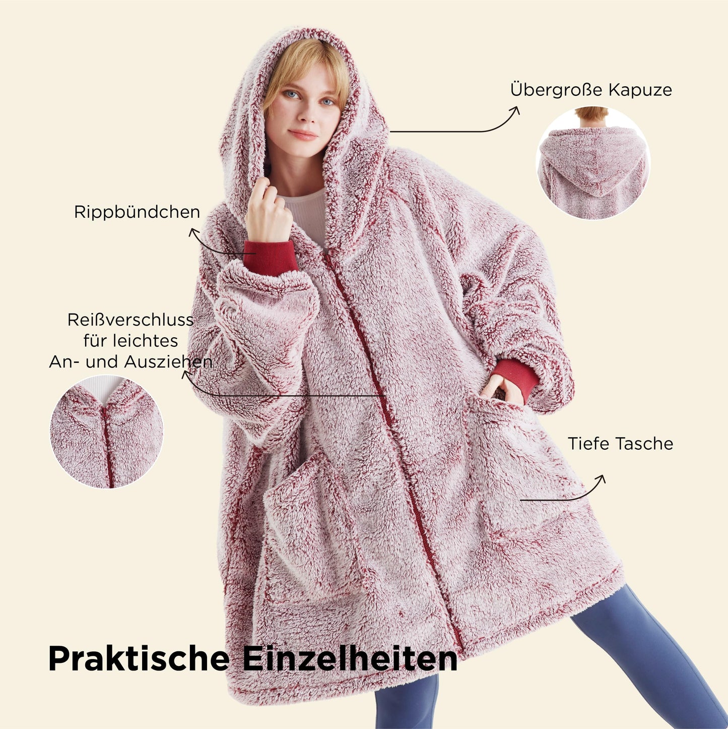 BEDSURE Hoodie Blanket with Sleeves - Sherpa Snuggle Blanket with Sleeves Snuggle Sweater Wearable Blanket Hoodie as Gifts for Women, Red