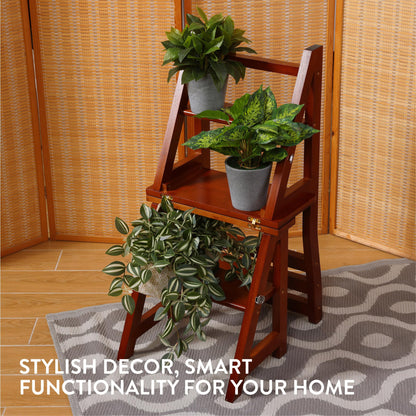 Navaris Folding Chair with Step Function - Chair 3-Step Ladder and Flower Stand in One - Bamboo Folding Chair Folding Step Stool - Kitchen Chair Foldable - Dark Brown