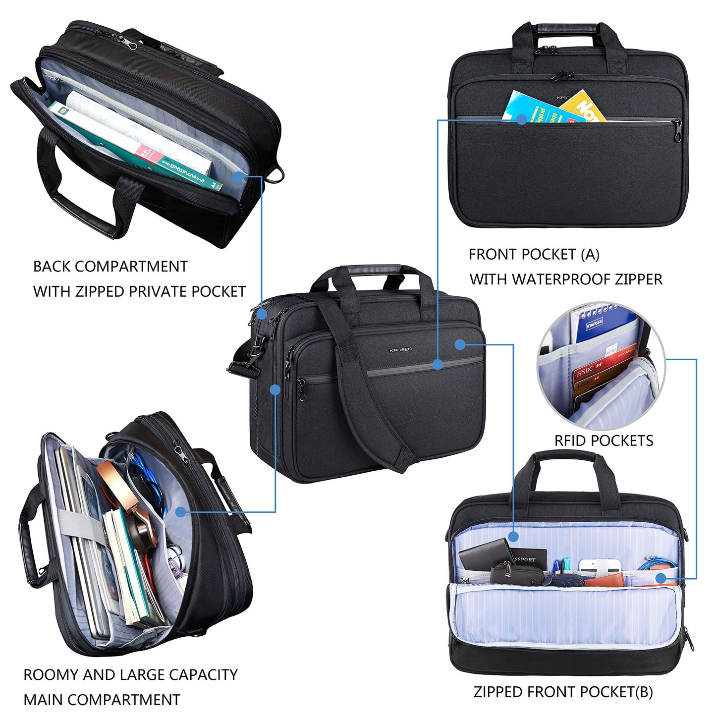 KROSER 18" Laptop Briefcase Fits Up to 17.3" Expandable Waterproof Shoulder Bag Computer Bag with RFID Pockets for Travel/Business/School/Men/Women- Black (MEHRWEG)