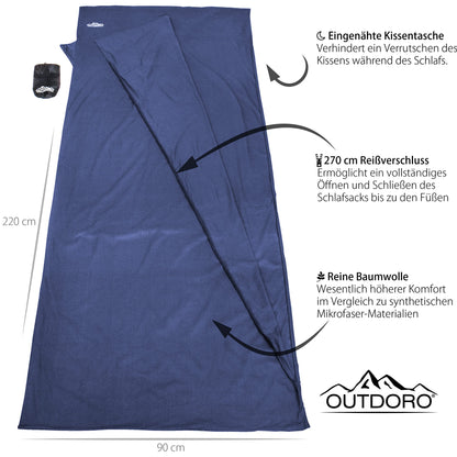 Outdoro Hut sleeping bag, ultra-light travel sleeping bag - only 350 g made of pure cotton with pillow compartment - thin & small - liner, travel sheet