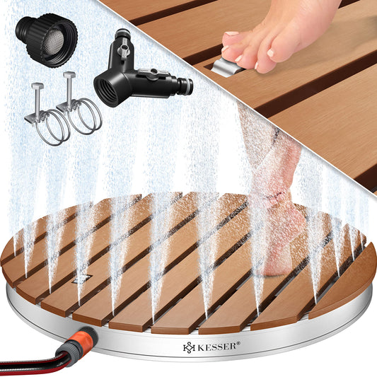 KESSER® garden shower floor shower outdoor shower sauna shower camping shower Ø 70 cm round fountain height up to 4 m adjustable with foot pedal, aluminum/WPC, non-slip weatherproof, wood look