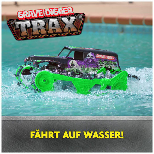 Monster Jam, Grave Digger Trax - RC Monster Truck tank vehicle scale 1:15, All-Terrain capable on land and in water - for boys and girls aged 4 and up