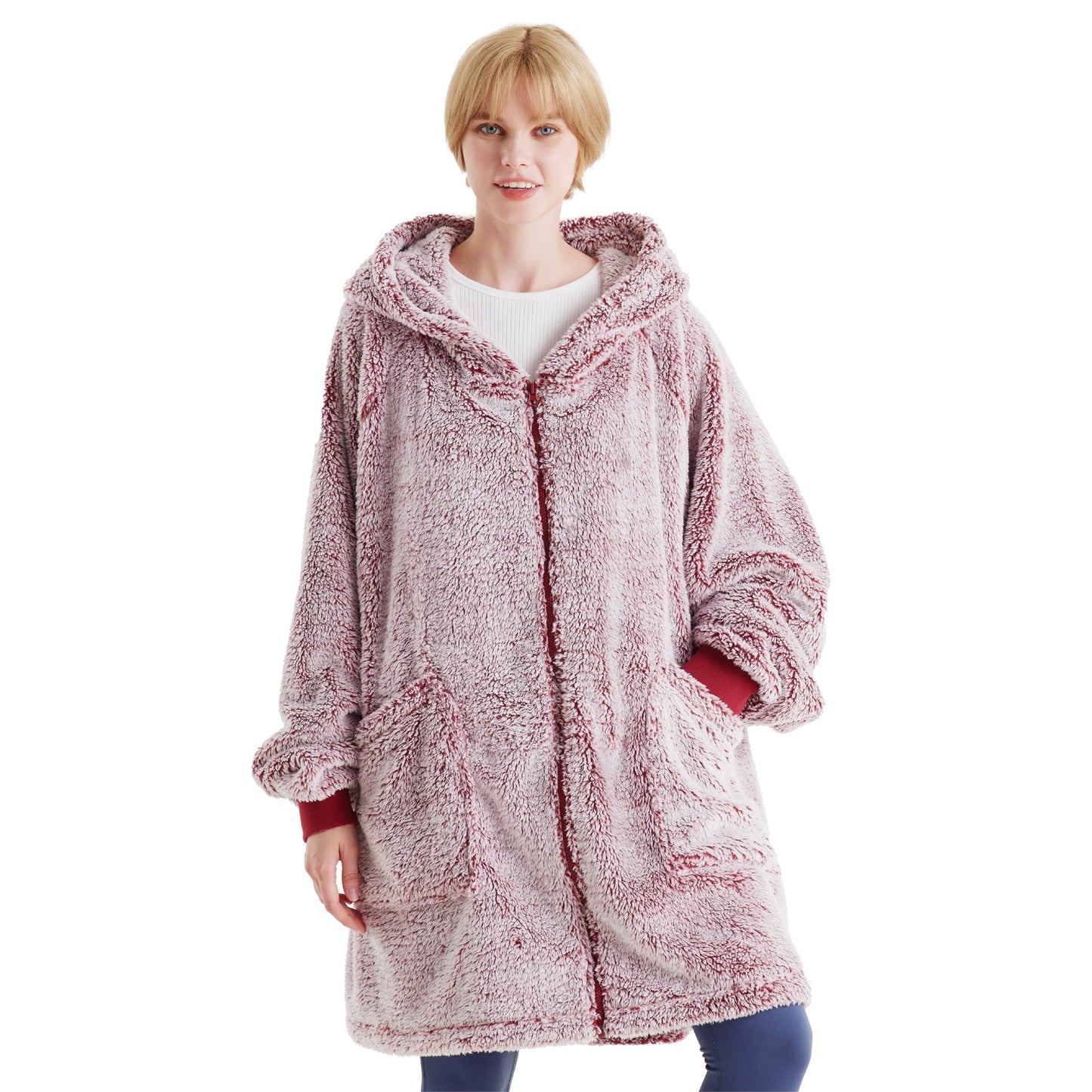 BEDSURE Hoodie Blanket with Sleeves - Sherpa Snuggle Blanket with Sleeves Snuggle Sweater Wearable Blanket Hoodie as Gifts for Women, Red