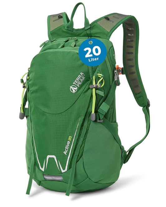 Terra Peak hiking backpack 20L for men and women in green - small and waterproof, perfect for trekking, biking, and outdoor sports. Includes hydration system and hip belt for travel and hiking adventures.