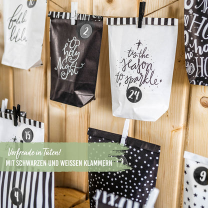 Paper Dragons Advent Calendar 2025 for filling - 24 black and white printed gift bags and 24 number stickers - Design Holy Night black & white - for crafting and gifting - Christmas