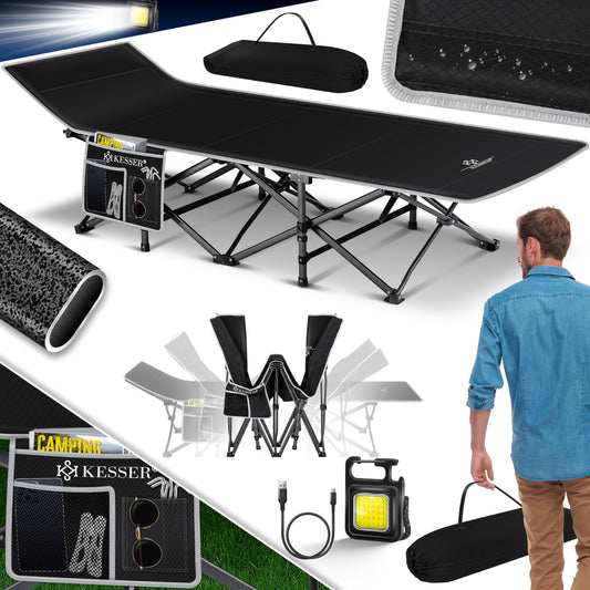 KESSER® Folding Camping Bed with Carry Bag + Side Pocket 210 x 74 x 35cm, supports up to 250kg. Made of sturdy metal frame and 600D Oxford fabric. Portable and comfortable for travel.