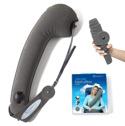 Travelrest Ultimate Travel Pillow for Neck and Body, inflatable, space-saving, for sleeping on long flights, napping on road trips, for traveling in car and bus, Gray.