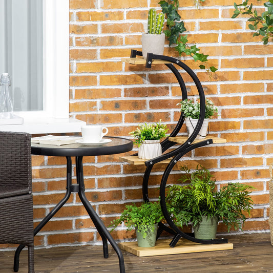 Outsunny 4-tier plant stand, S-shaped flower rack for indoor/outdoor use. 91cm tall plant shelf made of metal and wood. Ideal for living room, garden, balcony. Black color.