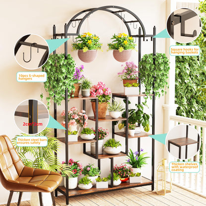 unho 5-tier flower stand with 16 hooks, plant shelf 190cm tall plant stand flower rack for indoor balcony floor living room