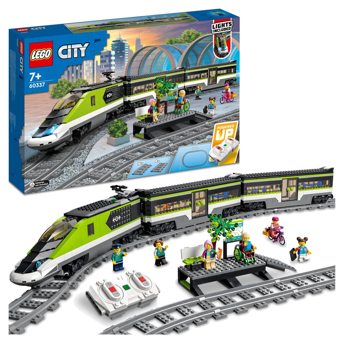 LEGO City Trains - High-speed Passenger Train - Remote-controlled train with working headlights, 2 carriages, 24 track pieces & 6 minifigures - Gift for boys & girls ages 7+ - 60337