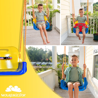 CLOUDHAPPY® Baby swing 3 in 1 [6 months to 6+ years] | Adjustable children's swing for outdoor & indoor use | High-quality swing with backrest & safety harness included