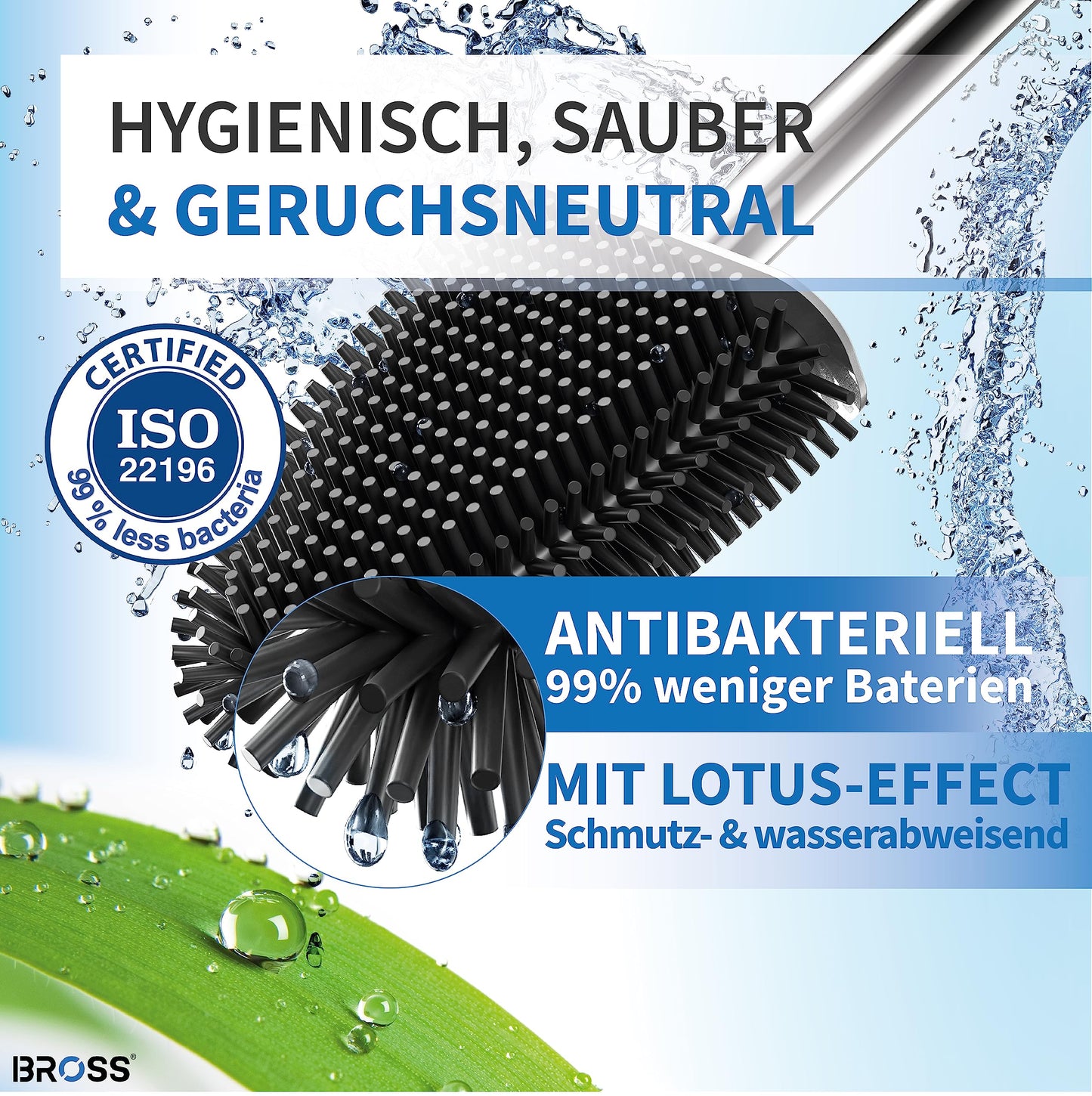 BROSS® Silicone Toilet Brush - Patented toilet brush - Black brush & holder with wall mounting & TurboDrying - Innovative & Antibacterial - 1 piece set