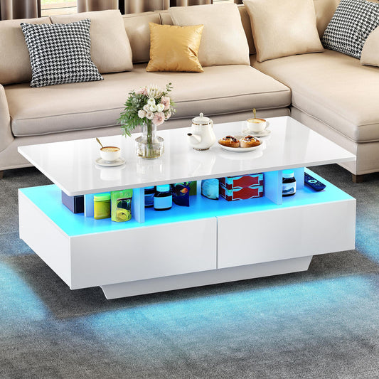 YITAHOME Coffee Table White, Living Room Table with 16-Color LED Lighting Modern, White Side Table with Open Display Shelf and 4 Extendable Drawers 90x55x41.1 cm