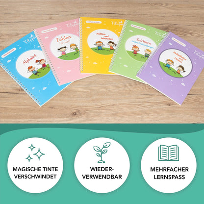 Filapen® 5 Piece Magic Exercise Booklets German I Reusable Exercise Booklets for Preschoolers I Preschool Reading Learning I Ideal for School Entry I Writing Learning I 26cmx18cm