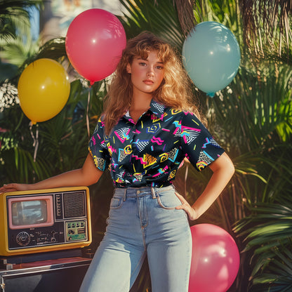 Hippie tops women Hawaii outfit blouse costume set Flower Power 80s shirt women 90s vintage shirt 70s clothing casual retro tops carnival costume (80s-Black, XL)