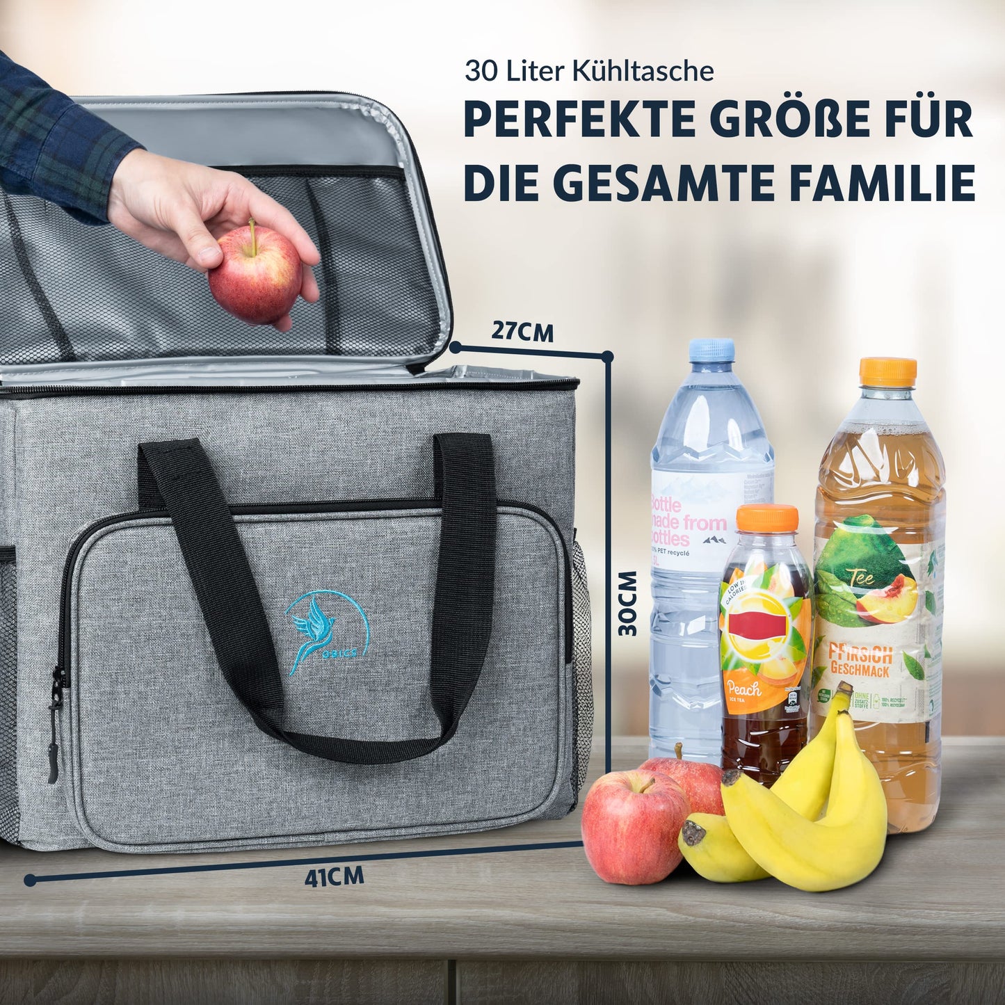 Obics Large Foldable 30L Cooler Bag Gray for Car, Beach - Lunch Bag Camping Accessory - Picnic Bag Large - Freezer Bag & Insulated Food Bag - Thermal Bag Waterproof