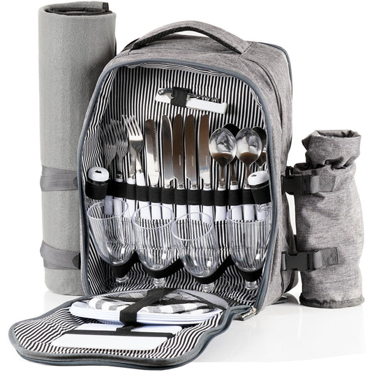 CampFeuer 4-person picnic backpack | Gray | 32-piece picnic set | includes bottle holder and fleece blanket, large cooler compartment, tableware, and cutlery | hiking backpack, camping backpack