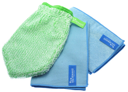 Jemako 3-piece window set: cleaning glove, drying cloth (45x60 cm), Profituch Plus M (40x45 cm) includes Sinland fine mesh laundry bag (blue).