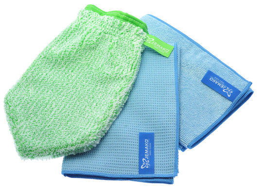 Jemako 3-piece window set: cleaning glove, drying cloth (45x60 cm), Profituch Plus M (40x45 cm) includes Sinland fine mesh laundry bag (blue).