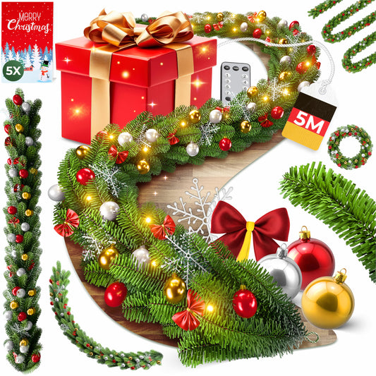 KESSER® Christmas garland 5m with lighting 100 LEDs - Timer - LED chain 8 light modes - Christmas lights - Christmas decoration In & Outdoor - Pine garland including remote control + decorative accessories