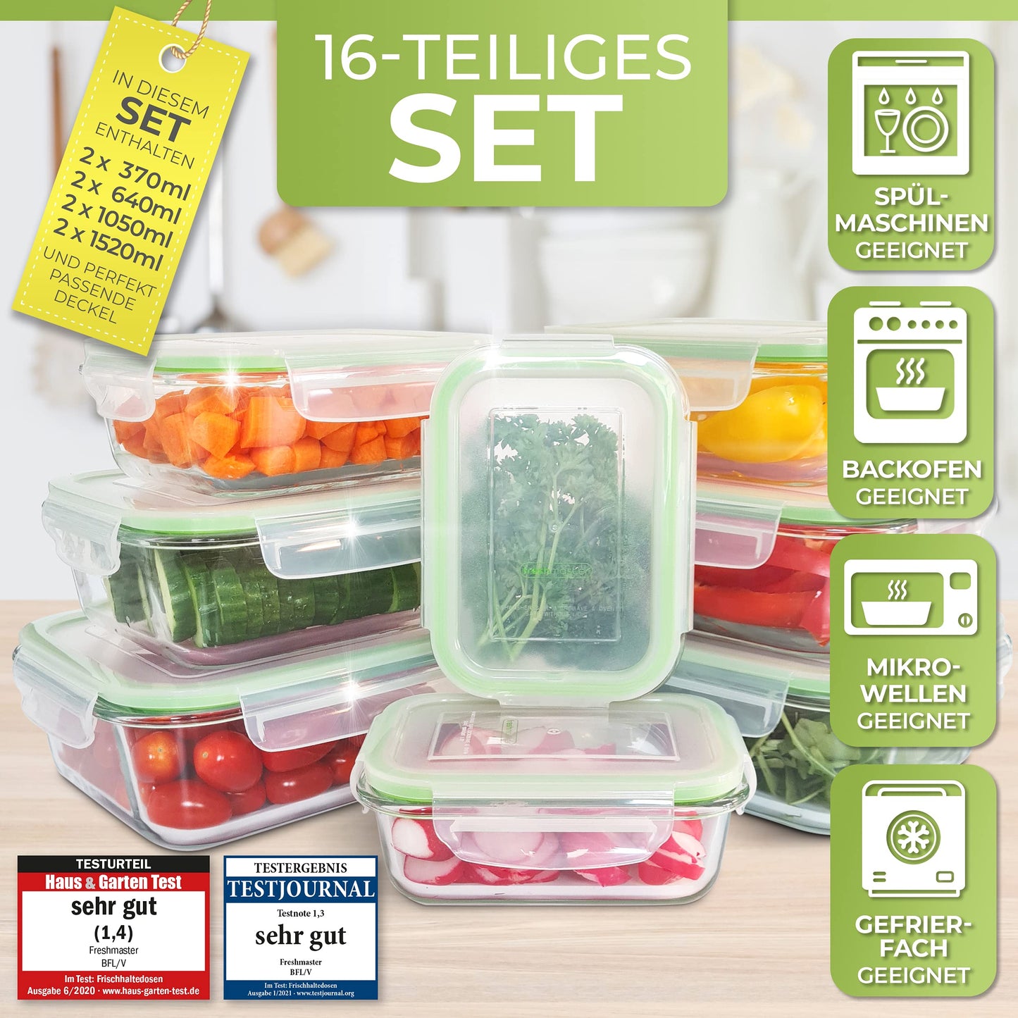 Fresh Master Glass Food Storage Container Set - Test verdict: EXCELLENT - 100% leak-proof + airtight containers with lids I Glass food storage containers Meal Prep Boxes Glass Storage Box (16 pieces)