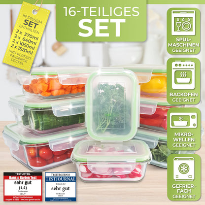 Fresh Master Glass Food Storage Container Set - Test verdict: EXCELLENT - 100% leak-proof + airtight containers with lids I Glass food storage containers Meal Prep Boxes Glass Storage Box (16 pieces)