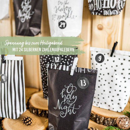 Paper Dragons Advent Calendar 2025 for filling - 24 black and white printed gift bags and 24 number stickers - Design Holy Night black & white - for crafting and gifting - Christmas