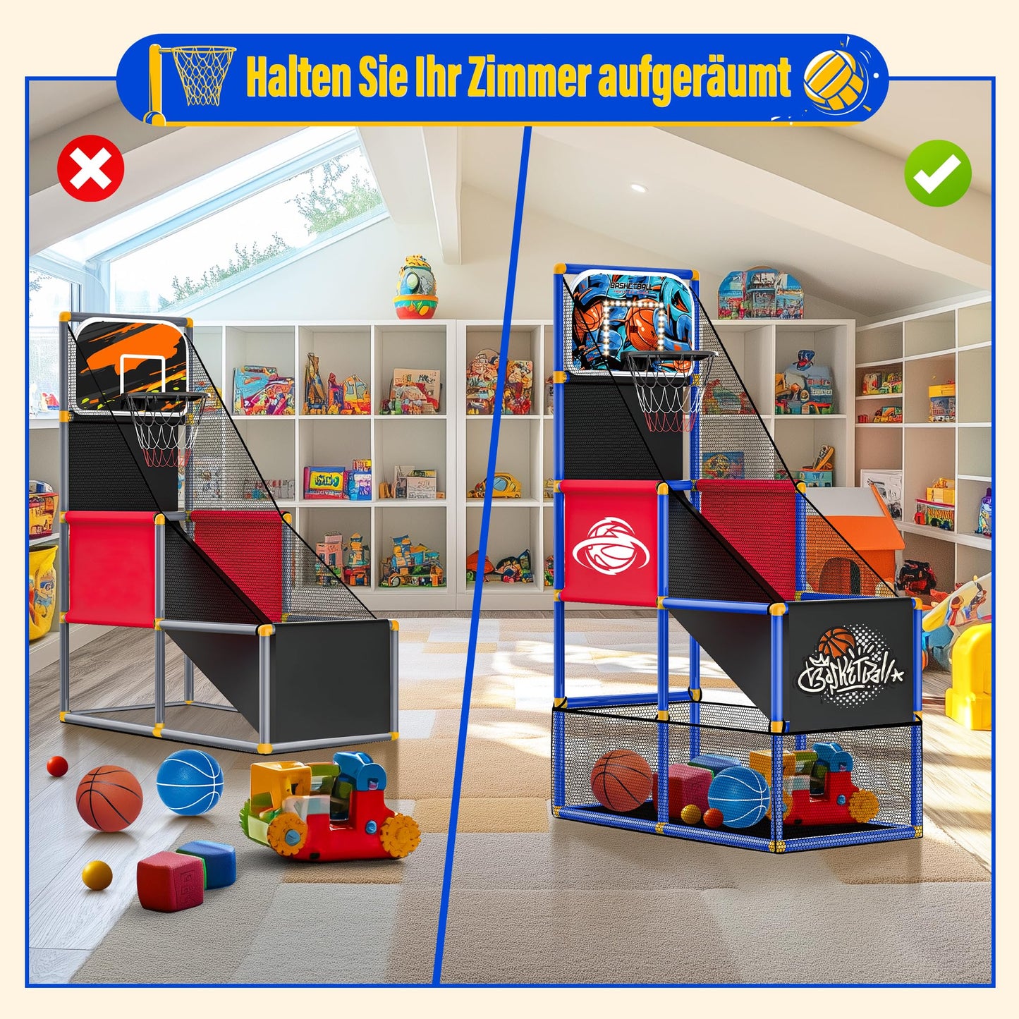 SKERITO Basketball Game Set, including 4 balls and hoops for kids aged 3-12. Ideal for indoor and outdoor sports, easy to set up, with included air pump.