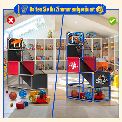 SKERITO Basketball Game Set, including 4 balls and hoops for kids aged 3-12. Ideal for indoor and outdoor sports, easy to set up, with included air pump.