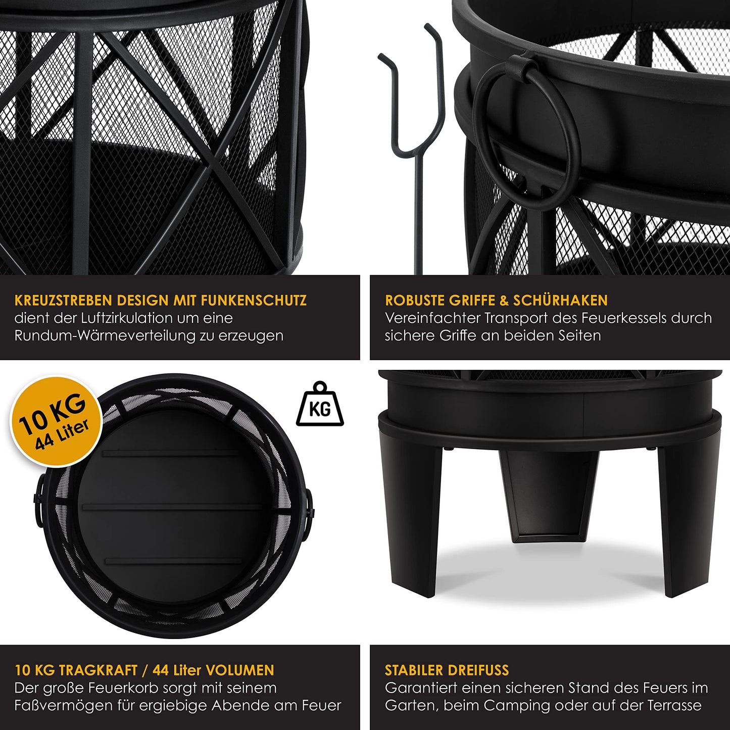 KESSER® Fire Bowl Including Cover Fire Pit with Spark Protection & Handles + Poker Fire Place 58 x 45 cm for Garden & Terrace Metal Antique Rust Look Multifunctional Fire Pit Heater BBQ Black