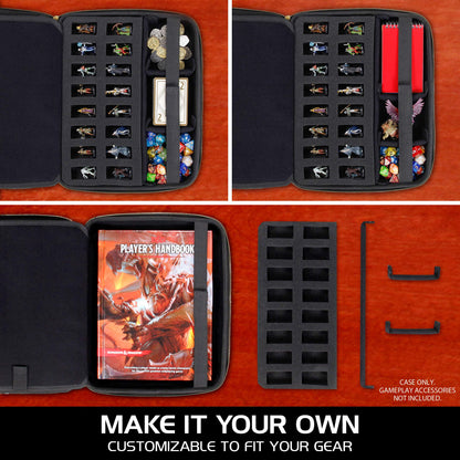 ENHANCE RPG Organizer Case - D&D folder with integrated character sheet holder, dice rolling area, removable pen pocket, miniature foam storage (Black)
