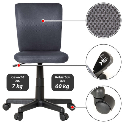 Nexos Trading Children's Office Chair Swivel Chair without Armrests Easily adjustable in height Gray padded with wheels Mesh cover Desk chair