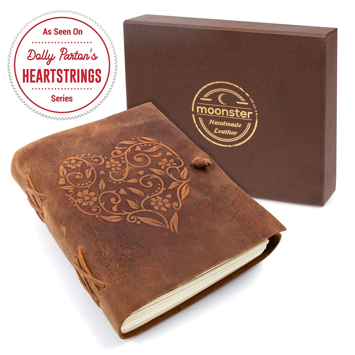 Moonster leather notebook with embossed heart design A5 size 240 pages of blank acid-free cotton paper. Handmade retro journal, sketchbook, hand-lettering book, photo album.