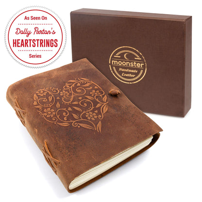 Moonster leather notebook with embossed heart design A5 size 240 pages of blank acid-free cotton paper. Handmade retro journal, sketchbook, hand-lettering book, photo album.