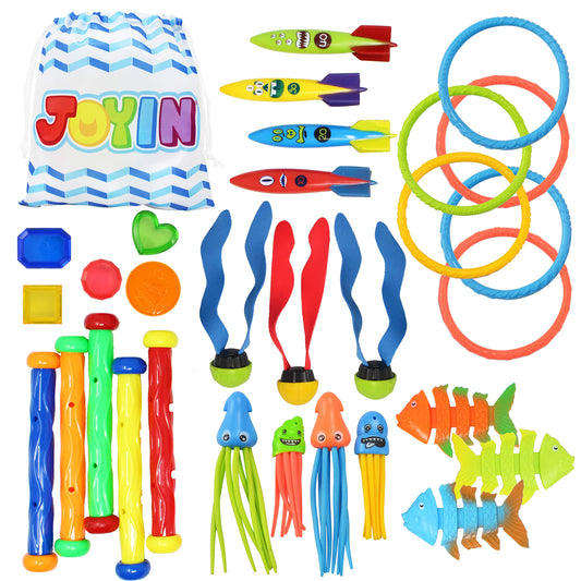 JOYIN 30 Pieces Diving Toys Underwater, Kids Dive Toy Set: 5 Dive Sticks, 6 Dive Rings, 5 Pirate Treasures, 4 Toypedo Bandits, 3 Algae Toys, 3 Fish Toys, 4 Octopus