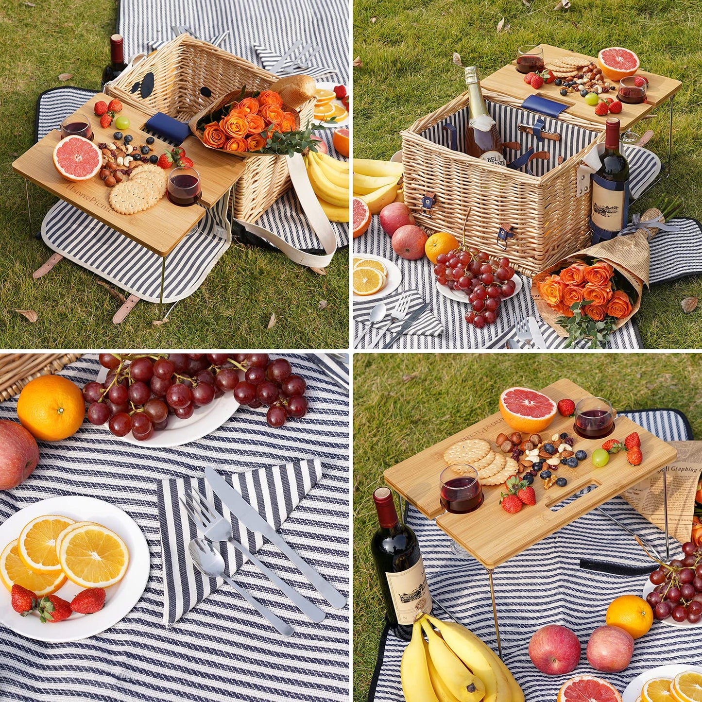 Picnic basket for 2, including a bamboo wine table with metal legs. Perfect for camping and outdoor parties.