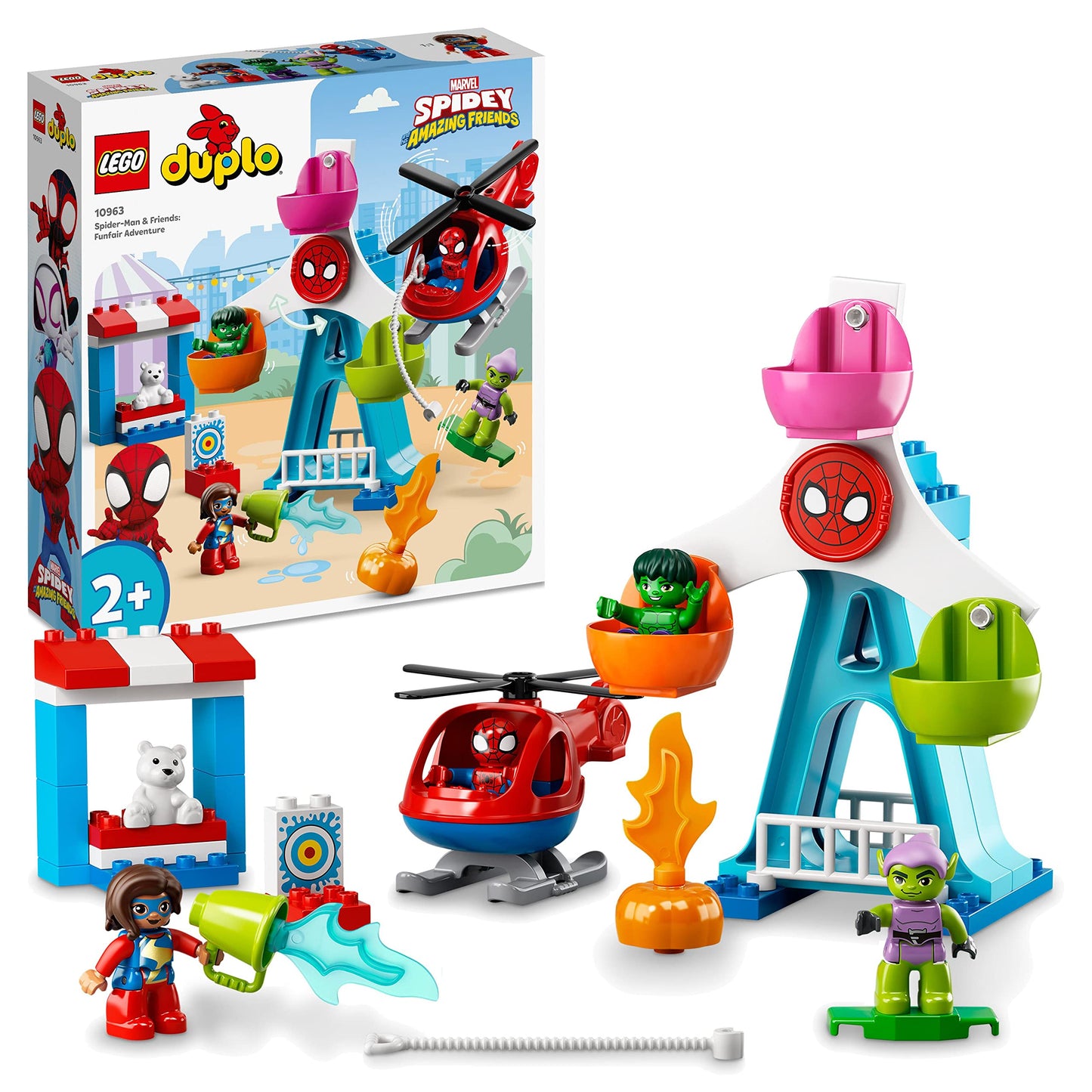 LEGO 10963 DUPLO Marvel Spider-Man & Friends: Fairground Adventure, amusement park with toy helicopter, Hulk and Green Goblin figures, for ages 2 and up.